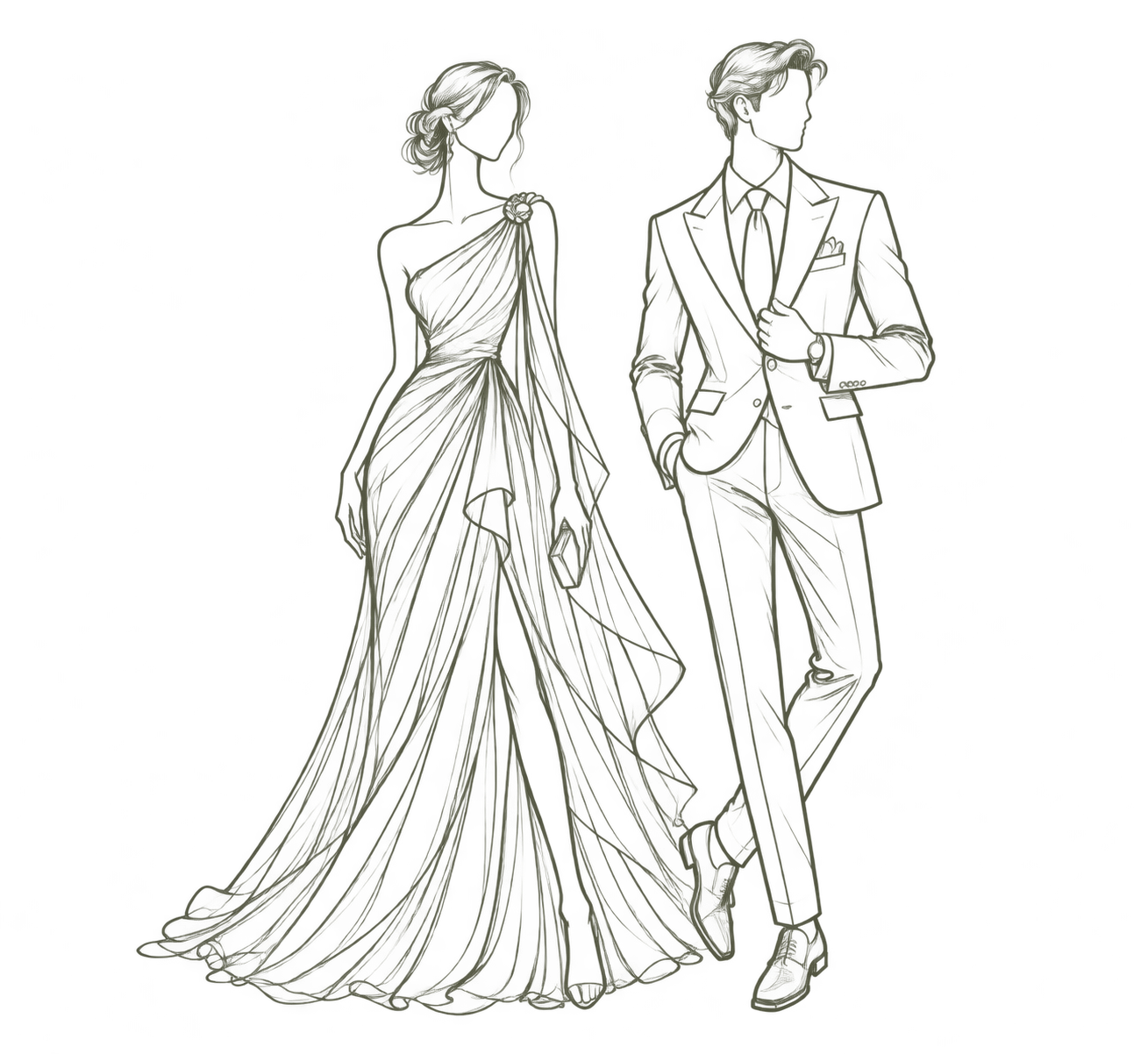 Siluetas de un vestido formal para ellas y un traje elegante para ellos